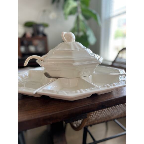 California Pottery Soup Tureen & Lazy Susan Set – 8-Piece‎ White Ceramic MCM - Picture 5 of 10